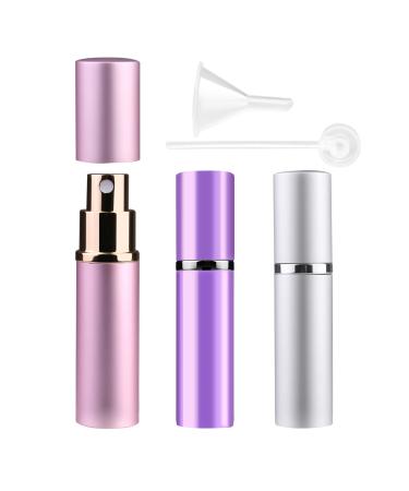 Zingo 3 pieces 10ml perfume dusty Refillable travel mini portable empty spray bottle aluminum pocket cater panel perfume atomizer bottles with funnel and pipette 10ml (pink + silver + purple))