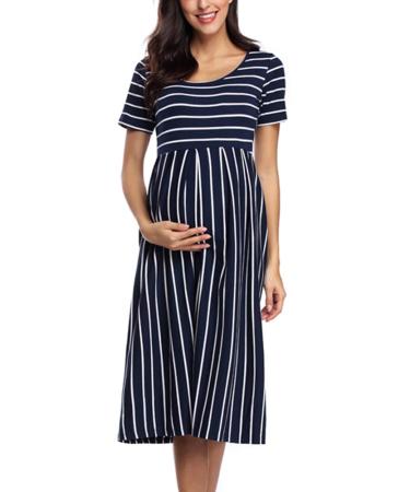 Love2Mi Womens Short-Sleeve Maternity Dress Casual A-Line Midi Pregnant Dress S Navy White Stripe