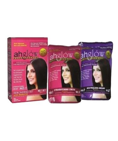 AHGLOW Hair Straightening and Rebonding System with KERATIN. Extra Strength Formula. The Complete System that Straightens Wavy, Curly, Frizzy Hair the Smooth, Silky, Shiny Way! 165 gram pouches