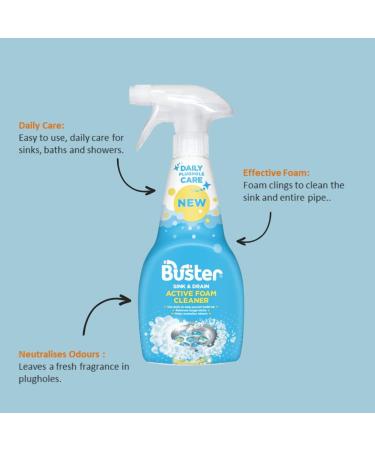 Buster Active Foam Sink & Drain Cleaner 500ml x 2 - Sink Cleaner to Remove Limescale & Stains - Daily Plughole Foam Cleaner & Odour Eliminator Foam Cleaner for Sinks Showers Drains and Plugs - Buy Online on SooperMarket.com