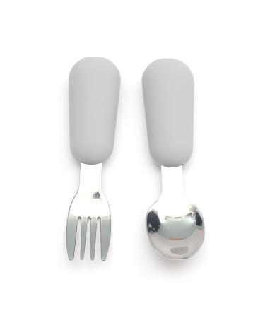 Alimos Stainless Steel Toddler Feeding Spoon and Fork Set with Round Handle for Feeding Children's Safe Cutlery Kids Utensils (Pale Grey)