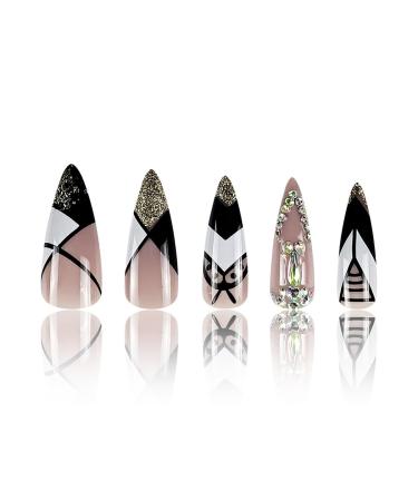 Shop Long Stiletto Press on Nails - Gold Glitter French Tip with Rhinestones | Luxury Artificial Acrylic Fake Nails for Women & Girls | Full Cover Stick-On Manicure Decorations - Buy Online on SooperMarket.com