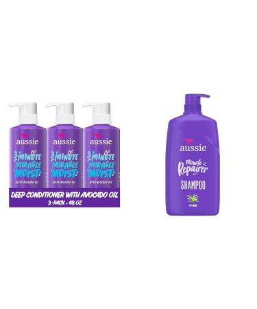 Aussie Deep Conditioner for Dry Hair with Avocado and Jojoba Oil 3 Minute Miracle Moist Paraben Free Triple Pack (1 475 mL Total) & MIRACLE REPAIR SHAMPOO WITH ALOE 778 ML
