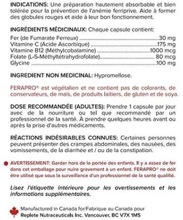 FERAPRO 30MG 100 CAPS | Vegan Iron Supplement | With Vitamin C 175mg Methylcobalamin 1000mcg 5-MTHF 80mcg and Glycine 100mg - Buy Online on SooperMarket.com