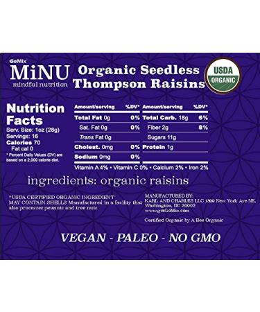 MiNU Organic Thompson Raisins 16 oz - Unsweetened, No Sulphur, Paleo & Vegan Superfood - Non-GMO & Gluten Free - Buy Online on SooperMarket.com