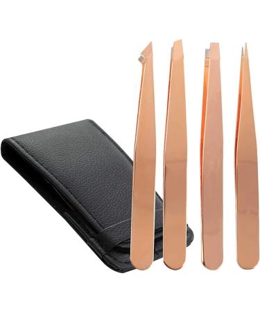 4-Piece Eyebrow Tweezers Set - Pointed & Angled Tweezers with Stylish Leather Look Case - Gold | International Shipping Available - Buy Online on SooperMarket.com