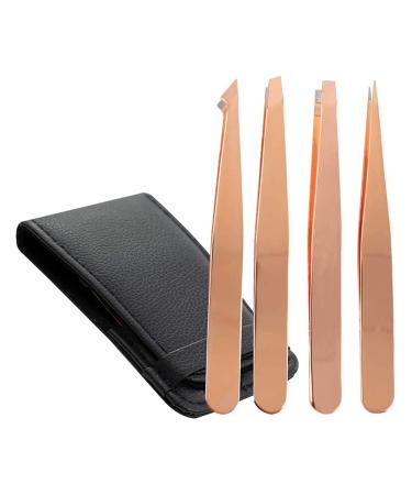 Wresetly 4-Piece Eyebrow Tweezers Set - Pointed & Angled Tweezers with Leather Case - Gold | Perfect for Precision Grooming | International Shipping Available - Buy Online on SooperMarket.com