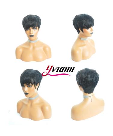 Yviann Short Black Wavy Pixie Cut Human Hair Wig with Bangs for Women - 1B Color - Buy Online on SooperMarket.com