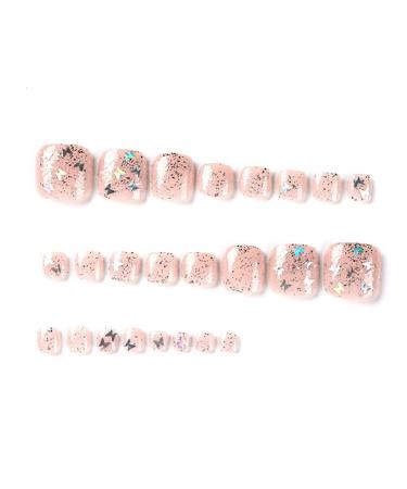 Silver Glitter Butterfly Sequins Toe Nail Press Ons - 24PCS Short Square Fake Toenails for Women | Summer Manicure Glossy Design - Style 13 - Buy Online on SooperMarket.com