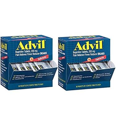 Advil (100 Packets of 2 Capsules) Pain Reliever/Fever Reducer Coated Tablet, Individually Sealed, 200mg Ibuprofen, Temporary Pain Relief, Travel Pack, Greeting Cards Included