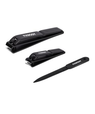 FIXBODY Nail Clipper Set Black Stainless Steel Fingernails & Toenails Clippers & Nail File Sharp Nail Cutter with Leather Case Gift for Men and Women Set of 3