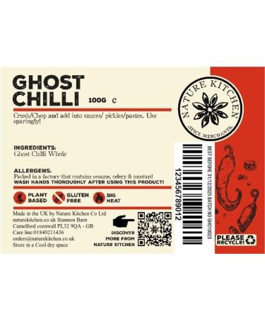 Nature Kitchen Ghost Chilli Whole 100g - Gluten-Free Vegan Seasoning Spices for Everyday Cooking - Marinades, Sauces, Frying, Baking, Grilling - Buy Online on SooperMarket.com