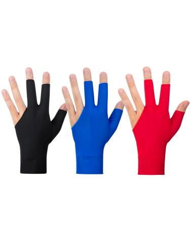 Huanmin 3 pieces 3-finger gloves Billiard Snooker Queue Gloves Snooker Gloves Hand Billard Pool Gloves Billard Accessories for Men Women Adults (Red Blue Black)