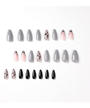 24 Pcs Animal Print Stiletto False Nails - Short Grey French Glitter Almond Nails with Nail Glue - Women's Nail Art Kit - Buy Online on SooperMarket.com