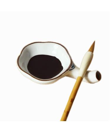Multifunctional Inkwell Dish Porcelain Handmade Ink Well Inkstone with Brush Holder for Chinese Japanese Calligraphy Painting Practice