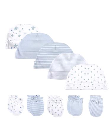 Baby hat and mittens set Newborn - 5pcs Baby Hats Caps & 5 Pairs Baby Scratch Mittens Gloves for baby boys girls 0-6 Months 100% Cotton(Blue) Blue Hat and Mittens Set