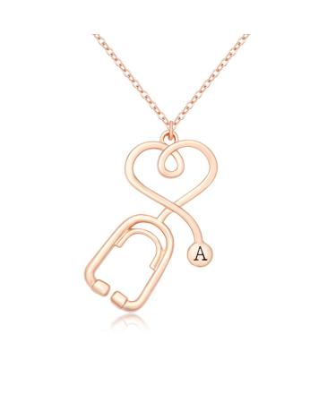 Rose Gold Medicine Stethoscope Heart Necklace Initial Necklace for Doctor Nurse (A)