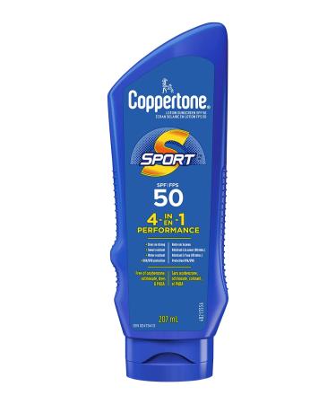 Coppertone Sport Sunscreen Lotion SPF 50 4-in-1 Performance Sweat and Water Resistant Face and Body Sunscreen Broad Spectrum SPF 30 UVA/UVB Protection Oxybenzone Free 207mL SPF 50 - Body Lotion 207 ml (Pack of 1)