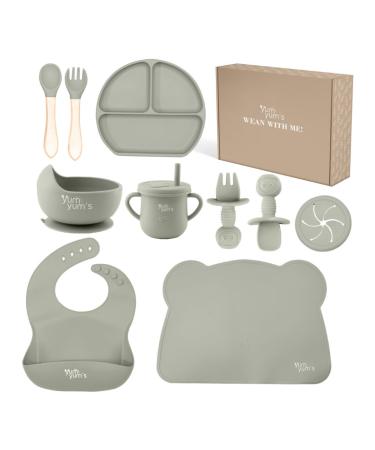 Yum Yum's Baby Weaning Set Silicone Baby Feeding Set of 10 with Suction Bowl Spoon Fork & Cup | Weaning Set Suction Bowl and Baby Plate Baby Feeding Set Suction Plate Baby Gifts & Presents Olive