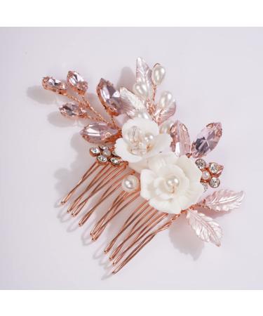 Missgrace Bride Wedding Crystal Pearl Leaf Rhinestones Hair Comb - Rose Gold Pink - Buy Online on SooperMarket.com