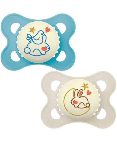 MAM Original Pure Night Soother 2-6 Months (Set of 2) Sustainable and Bio-Renewable Baby Soother SkinSoft Silicone Teat Glow in the Dark Soother Blue/Cream (Designs May Vary) Night Blue