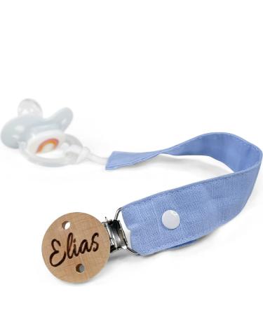 Babylovit pacifier chain with name |Baby gift for birth & baptism |Pacifier band girls & boys |Personalized by engraving on wood clip |Pacifier chain fabric tape washable (blue)