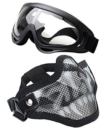 Airsoft Mask and Goggles - Airsoft Half Lower Face Mask Steel Metal Mesh for BB Gun/CS Game/Paintball/Shooting/Cosplay - Anti-UV Adjustable Combat Tactical Military Goggles for Men Women Kids