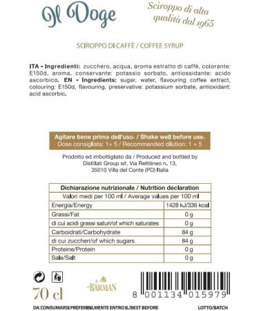 BARMAN IL DOGE Coffee Syrup 70cl - Buy Online on SooperMarket.com
