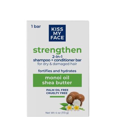 Kiss My Face Strengthen 2-in-1 Shampoo + Conditioner Bar - Palm Oil-Free All Hair & Skin Types Cruelty-Free Shampoo and Conditioner Bar for Dry & Damaged Hair with Monoi Oil and Shea Butter