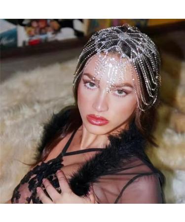 YERTTER Wedding Silver Rhinestone Head Cap Layered Fringe Chain 20s Head Accessories Jewelry Crystal Headband Headpiece Boho Hair Accessories for Women Brides Prom Costume(Silver 1)