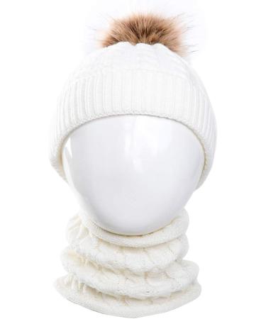 Yinuoday Toddler Baby Knit Hat Scarf Set - Winter Warm Beanie Cap with Circle Loop Scarf Neckwarmer in White (2PCS) - Buy Online on SooperMarket.com