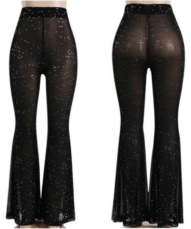 Women's Mesh Sheer Flared Bell Bottom Pants - Medium Black | Dance Festival Clubwear - Buy Online on SooperMarket.com
