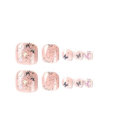 Silver Glitter Butterfly Sequins Toe Nail Press Ons - 24PCS Short Square Fake Toenails for Women | Summer Manicure Glossy Design - Style 13 - Buy Online on SooperMarket.com