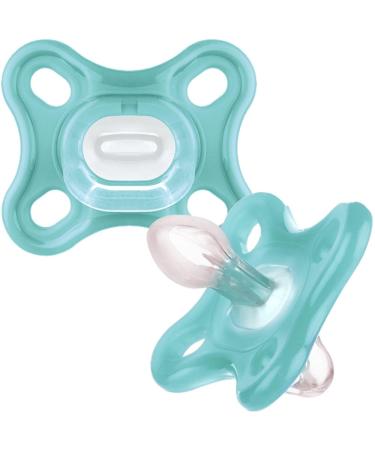 MAM Comfort All-Silicone Soothers 0-3 Months (Pack of 2) Soft and Light Newborn Soother Premature and Newborn Essentials with Self Sterilising Travel Case Green /Yellow Blue/Neutral 0 month