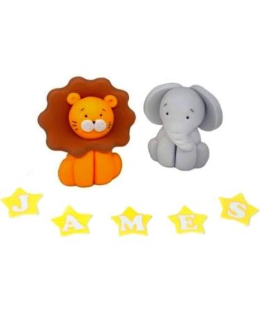 Personalised Animals Cake Toppers Set - Edible Jungle Lion Elephant Kids Cupcake Decorations with an Edible Glue - Set of 2 Birthday Party Supplies - Buy Online on SooperMarket.com