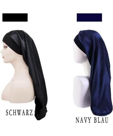 Shop Ladaypoa Long Satin Sleeping Cap - 2 Piece Large Sleeping Hats for Women | Extra Large Soft & Convenient Black + Dark Blue - Buy Online on SooperMarket.com