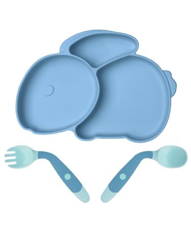 Vicloon Silicone Suction Plate for Toddlers Self Feeding Training Divided Plate Non Slip Baby Weaning Plate with Spoon and Fork Baby Toddler Plate for Kids High Chairs and Tables (Blue)