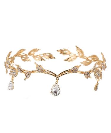 Rhinestone Leaf Headband Golden Wedding Head Chain with Teardrop Crystal Leaf Hair Vine