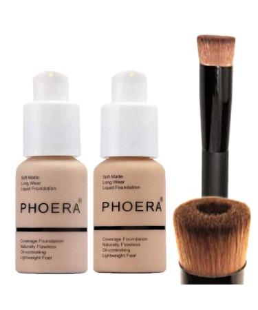 Glamza PHOERA Foundation 102 and 104 Full Coverage Foundation  Full Coverage Flawless New 30ml 24HR Matte Oil Control (Buff Beige 104)(Nude 102) + Liquid Foundation Brush