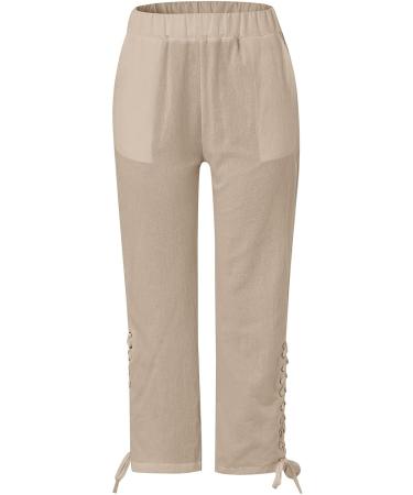 Womens Linen Capri Pants with Side Hollow Out Detail, Boho Summer Beach Pants with Pockets - Khaki XX-Large - Buy Online on SooperMarket.com