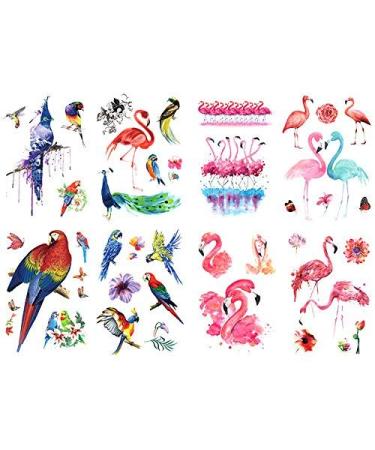 Oottati 8 Sheets Temporary Tattoo Stickers  Waterproof Arm Leg  Parrot Bird Peacock Macaw Pink Flamingo Butterfly Flower for Women