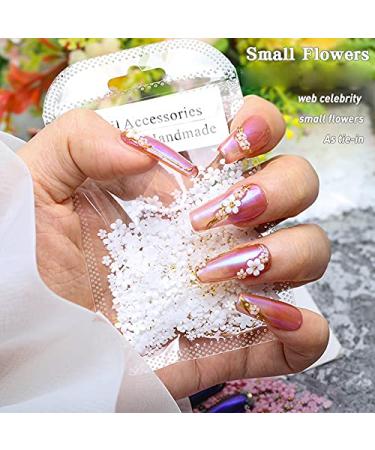 3D Flower Caviar Beads Nail Art Decals - White Pink Acrylic Charms with Pearl Beads for DIY Manicures - Buy Online on SooperMarket.com