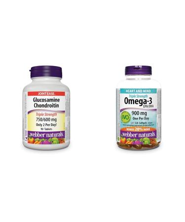 Webber Naturals Glucosamine Chondroitin Triple Strength 90 Tablets & Omega-3 900 mg Triple Strength 120 Clear Enteric No Fishy Aftertaste Softgels Supports Cardiovascular Health and Brain Function