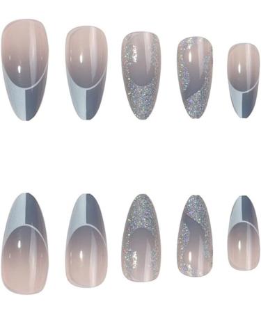 Justotry 24 Pcs Almond Glitter Silver Short False Nails Grey French Press on Nails with Nail Glue - Oval Medium Stick on Nails for Women - Buy Online on SooperMarket.com