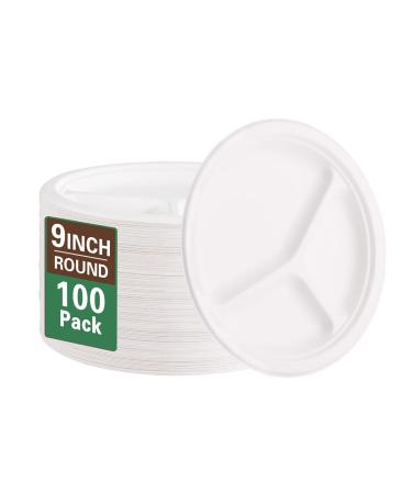 SUT 3 compartment plates disposable 100-Pack 9 Inch Heavy-Duty White Paper Plates Made of Natural Sugarcane Fibers Biodegradable Plates 10inch-White