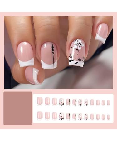 Justotry 24 Pcs Square White French Flower Press on Nails with Leaf Pattern - Medium Glossy Squoval Fake Nails for Women | Nail Glue Included - Buy Online on SooperMarket.com