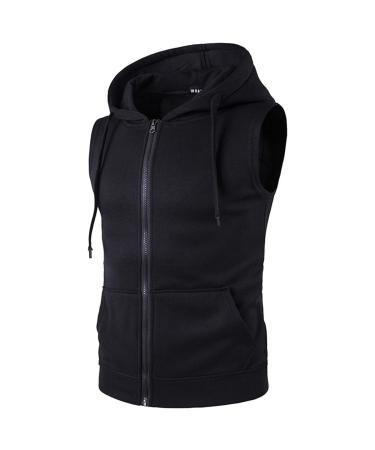 Men's Zip Up Sleeveless Hoodies Lightweight Slim Fit Vest Workout Hooded Tank Tops Bodybuilding Muscle Shirts Fall Large Black