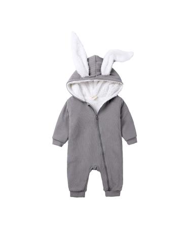 Kids Tales Newborn Baby Winter Warm Outfits Cute Rabbit Ear Hooded Zipper Romper 0-3 Months Grey Thick