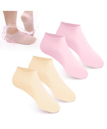 2 Pairs Silicone Moisturizer Socks Foot Spa Pedicure Socks for Women Non-Skidding Aloe Socks Soft Gel Socks for Dry Cracked Heel Toes Feet Care (Pink Beige)