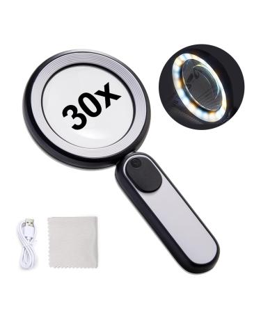 Udbrud Magnifying Glass with Light 30X Handheld Large Magnifying Glass with 3 Modes 21 LED Illuminated Lighted Magnifier USB for Macular Degeneration Seniors Reading Inspection Coins Jewelry Map